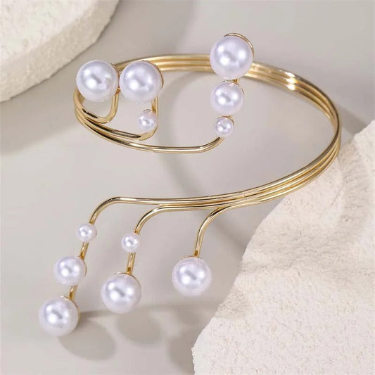 Vintage Gold & Cascading Pearl Bangle Bracelet-Ariette Jewelry