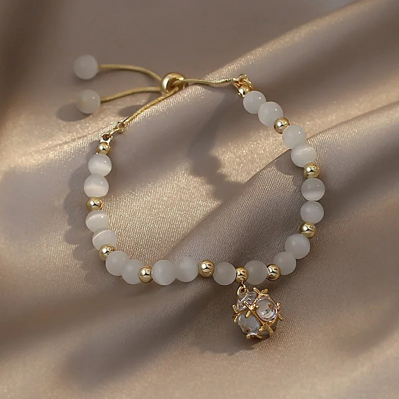 Gold White Beaded & Crystal Pendant Bracelet-Ariette Jewelry