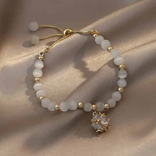 Gold White Beaded & Crystal Pendant Bracelet-Ariette Jewelry