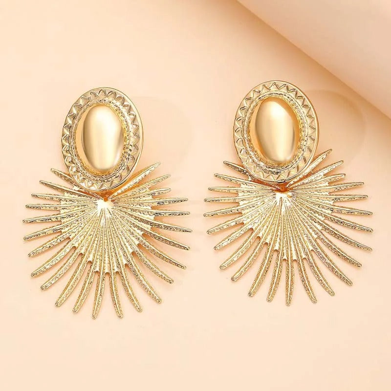 Gold Oval & Flared Sunburst Design Earrings-Ariette Jewelry