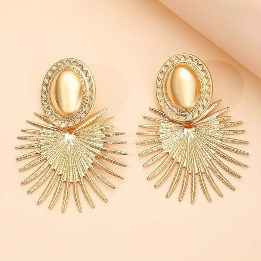 Gold Oval & Flared Sunburst Design Earrings-Ariette Jewelry