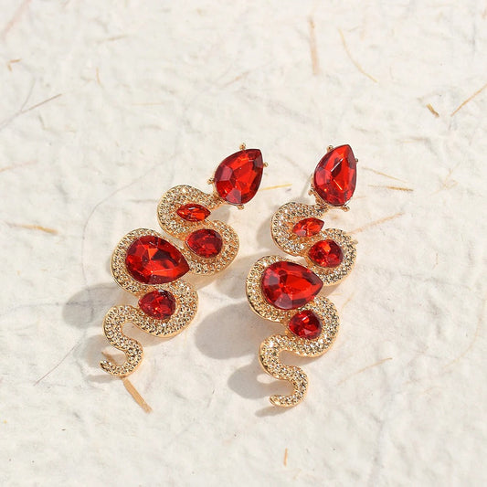 Vintage Red Snake Crystal Gold Earrings-Ariette Jewelry