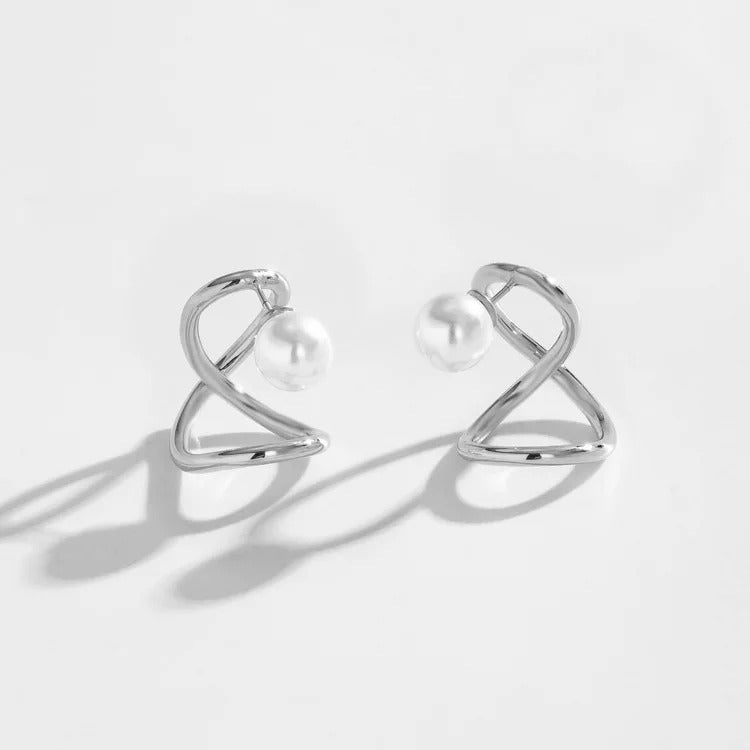 Silver Pearl Infinity Loop Earrings-Ariette Jewelry