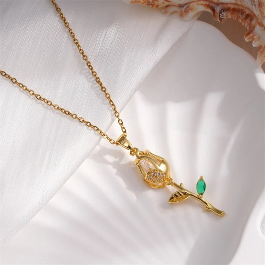 Gold Rose & Crystal Flower Necklace-Ariette Jewelry