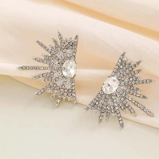 Silver Crystal Oval Stone Starburst Earrings-Ariette Jewelry