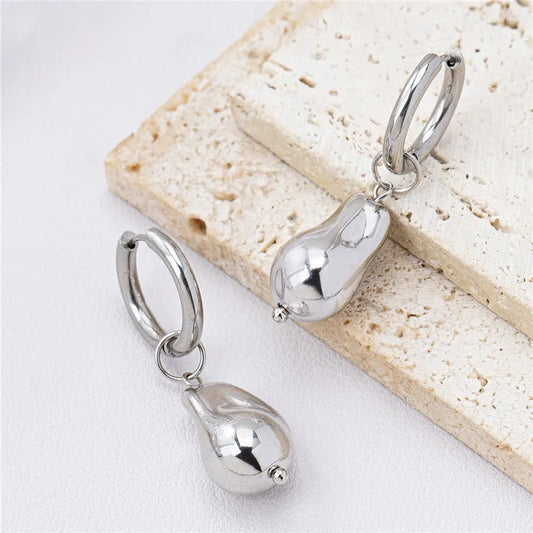 Retro Silver Smooth Pear Drop Accent Hoop Earrings-Ariette Jewelry