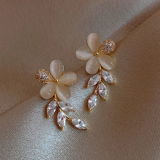 Vintage Opal Zircon Flower Leaves Stud Earrings-Ariette Jewelry