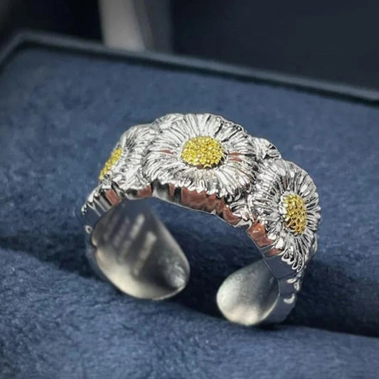 Classic Silver & Yellow Daisy Flower Adjustable Ring-Ariette Jewelry