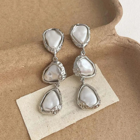 Silver Triangular Shaped Pearl Drop Earrings-Ariette Jewelry