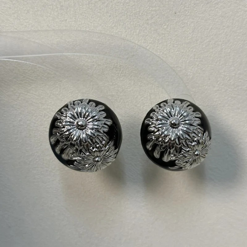 Classic Black Vintage Silver Flower Design Earrings-Ariette Jewelry