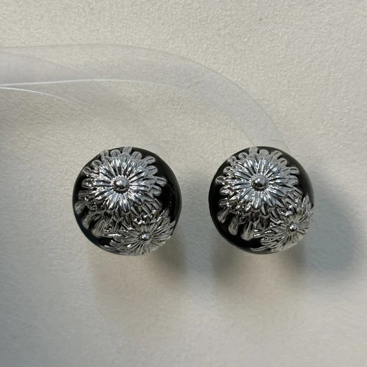 Classic Black Vintage Silver Flower Design Earrings-Ariette Jewelry