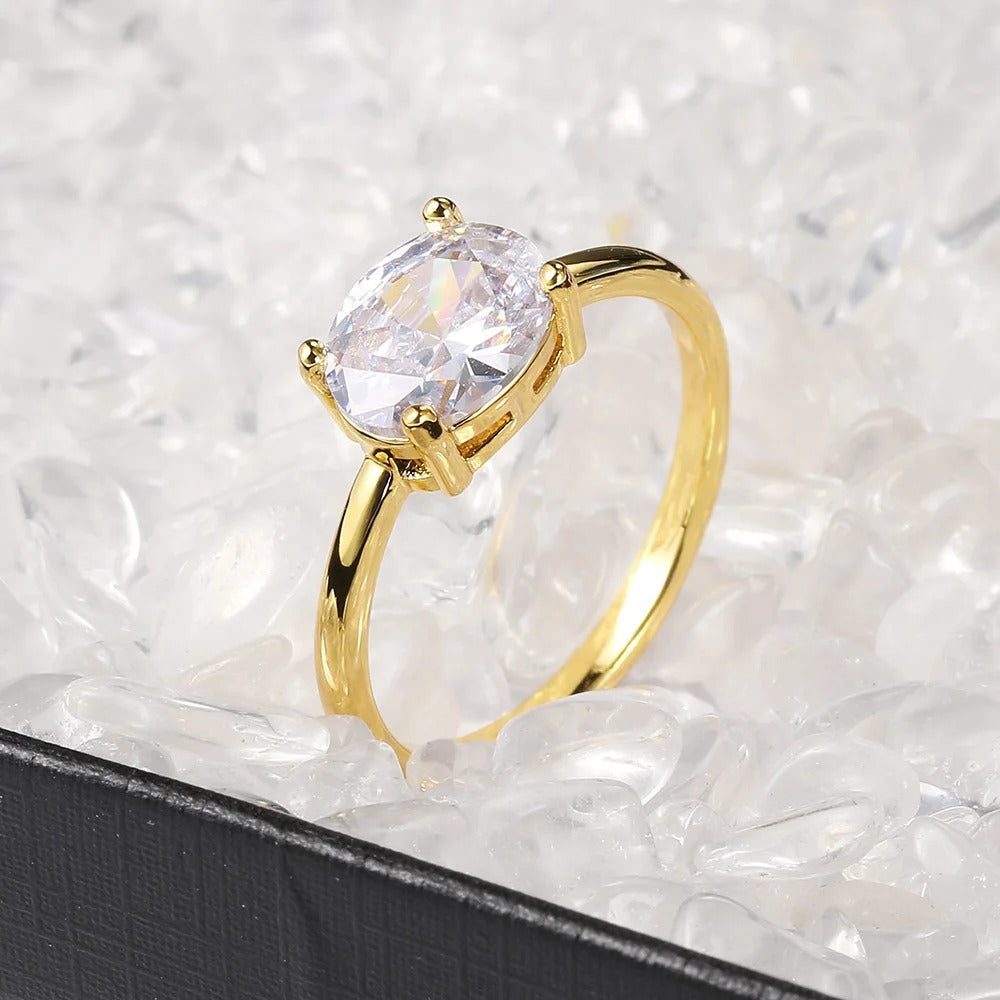 Gold Sparkling Oval Clear Stone & Simple Design Ring-Ariette Jewelry