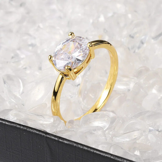Gold Sparkling Oval Clear Stone & Simple Design Ring-Ariette Jewelry
