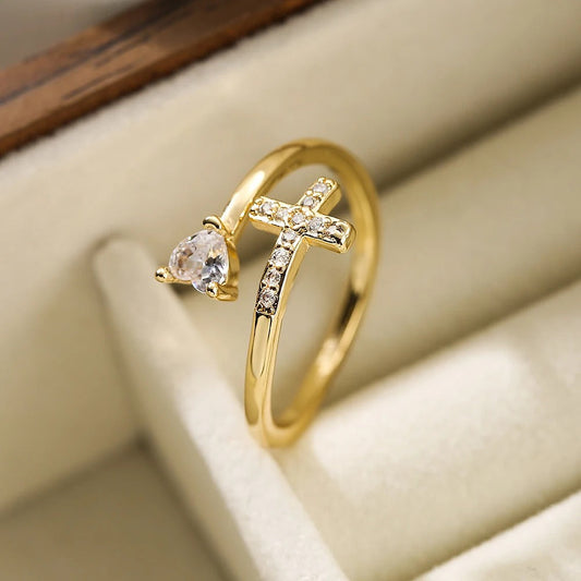 Gold Sparkling Heart Cross Resizable Ring-Ariette Jewelry