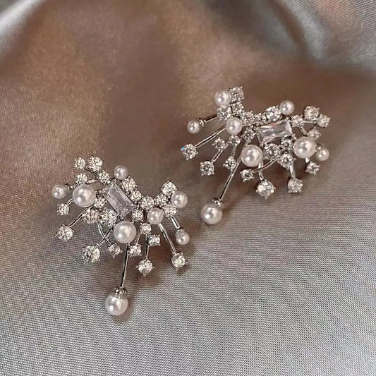Silver Pearl & Crystal Starburst Cluster Earrings-Ariette Jewelry