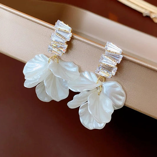 Sparkling Crystal Top Pearl Petal Earrings-Ariette Jewelry