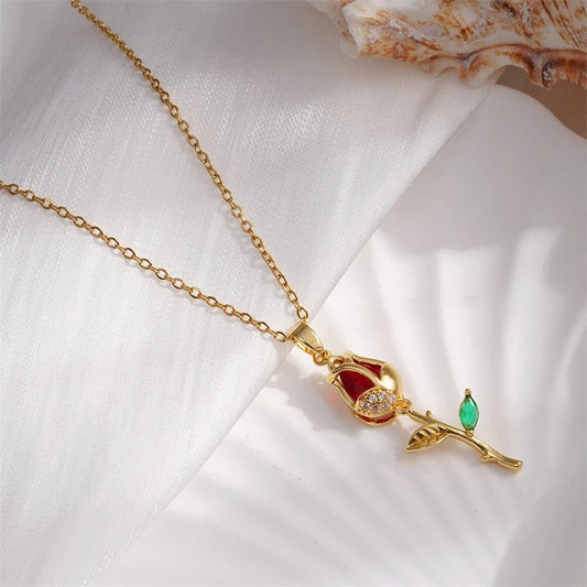 Vintage Gold Rose & Red Gemstone Necklace-Ariette Jewelry