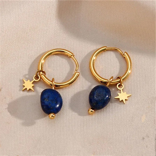 Vintage Gold Star & Blue Charm Hoop Earrings-Ariette Jewelry