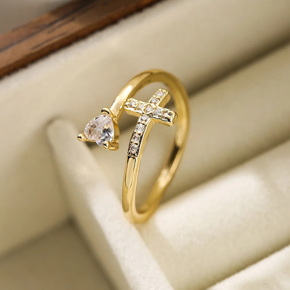 Gold Sparkling Heart Cross Resizable Ring-Ariette Jewelry