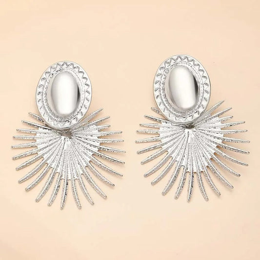 Silver Radiant Sunburst Pattern & Oval Shape Earrings-Ariette Jewelry