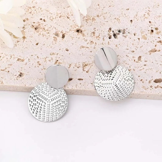 Silver Textured Geometric Disc Earrings-Ariette Jewelry