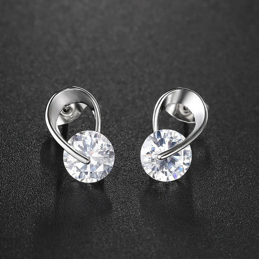 Classic Silver Sparkling Clear Gemstone Curved Earrings-Ariette Jewelry