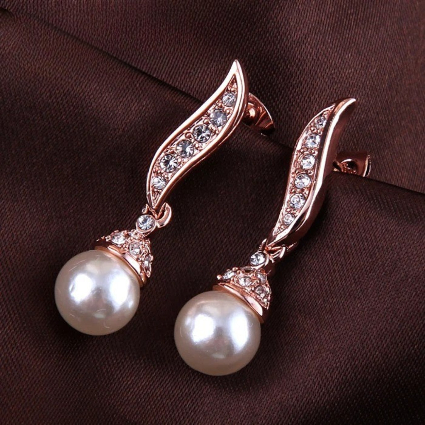 Vintage Rose Gold Pearl Drop & Sparkling Crystal Earrings-Ariette Jewelry