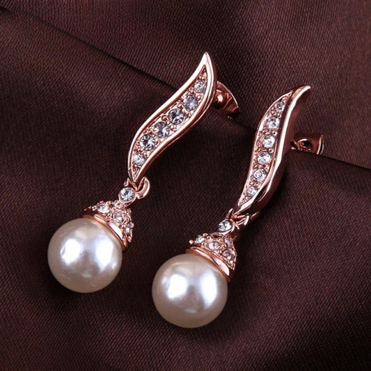 Vintage Rose Gold Pearl Drop & Sparkling Crystal Earrings-Ariette Jewelry