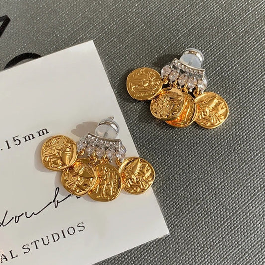Gold Coin Clear Crystal Dangle Earrings-Ariette Jewelry