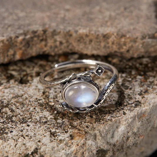 Vintage Moonstone Vine Silver Adjustable Ring-Ariette Jewelry