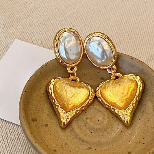 Vintage Pearl & Gold Heart Design Earrings-Ariette Jewelry