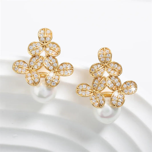 Gold Vintage Floral Pearl Drop Earrings-Ariette Jewelry