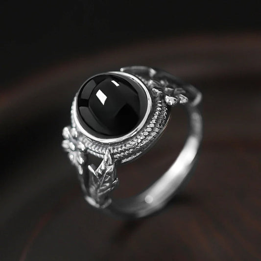 Vintage Black Crystal Flower Silver Ring-Ariette Jewelry