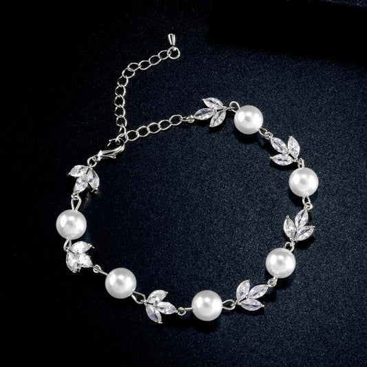 Silver Crystal Leaf & Pearl Bracelet-Ariette Jewelry