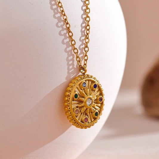Vintage Multicolor Stone Gold Necklace-Ariette Jewelry