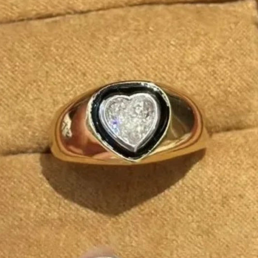 Retro Gold & Heart-Cut Diamond Black Enamel Adjustable Ring-Ariette Jewelry