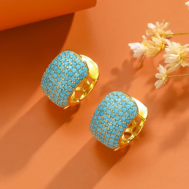 Vintage Blue Turquoise Gold Hoop Earrings-Ariette Jewelry