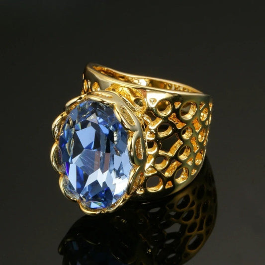 Classic Gold Blue Gem & Intricate Cut-Out Design Ring-Ariette Jewelry