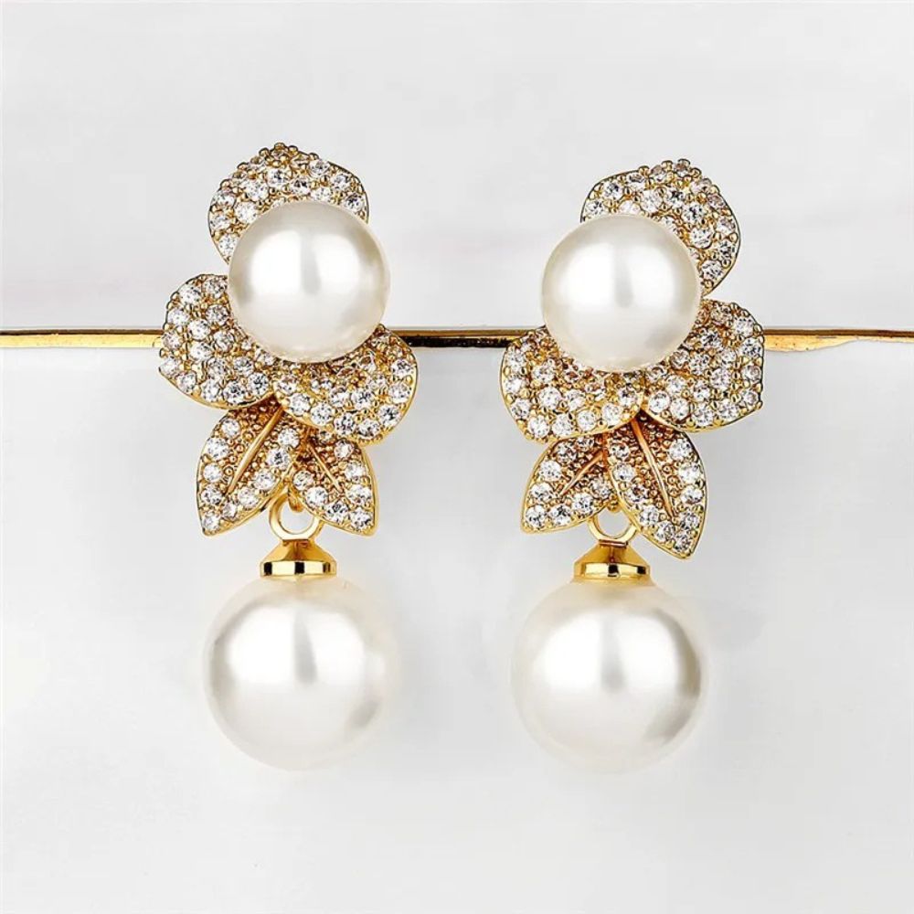 Vintage Pearl Flower Drop Earrings-Ariette Jewelry
