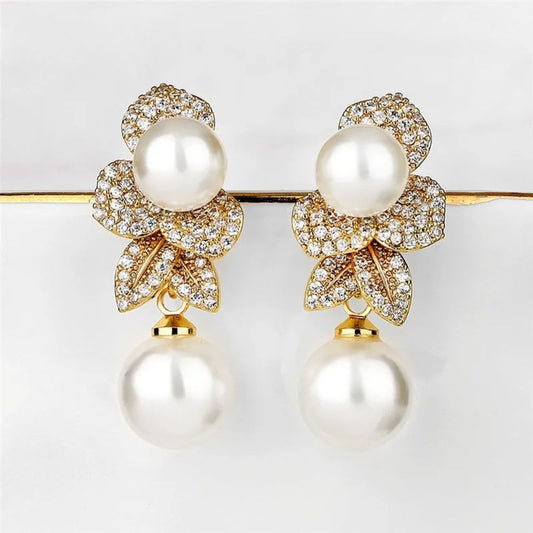 Vintage Pearl Flower Drop Earrings-Ariette Jewelry