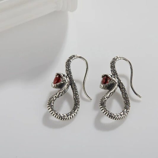 Vintage Serpent & Red Gem Earrings-Ariette Jewelry