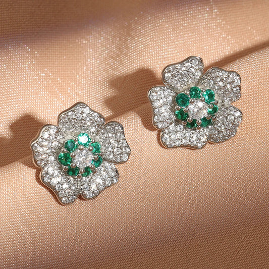 Vintage Green & Silver Floral Stud Earrings-Ariette Jewelry