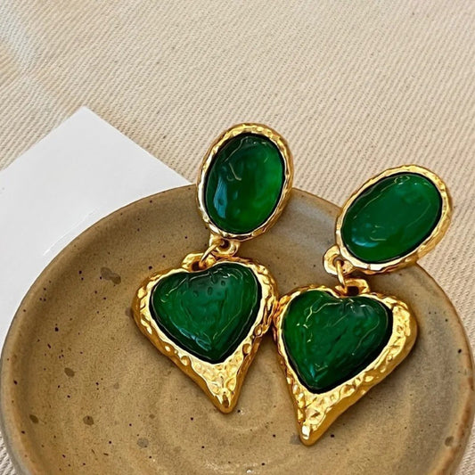 Timeless Gold Green Heart-Shaped Gemstones & Oval Earrings-Ariette Jewelry
