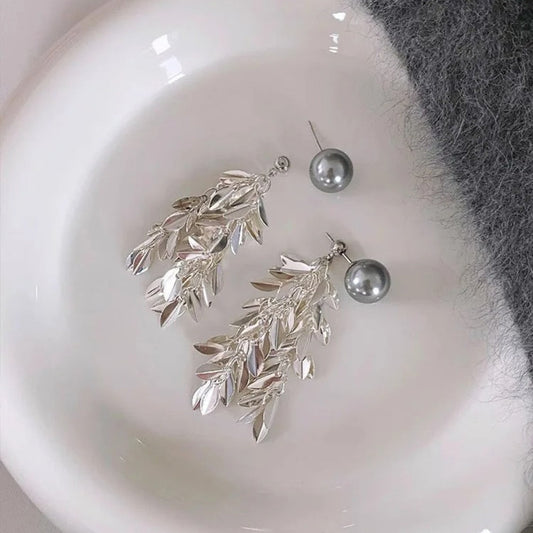 Silver Pearl Leaf Dangle Earrings-Ariette Jewelry