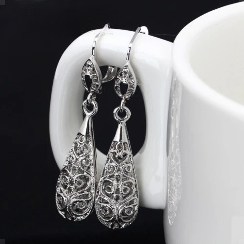 Timeless Silver Delicate Filigree Pattern Teardrop Earrings-Ariette Jewelry