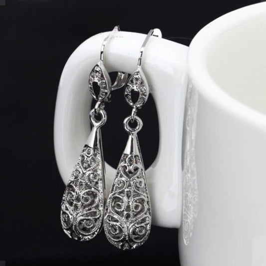 Timeless Silver Delicate Filigree Pattern Teardrop Earrings-Ariette Jewelry