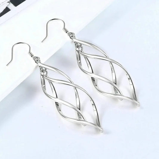 Silver Sculpted Geometric Design Twist Dangle Earrings-Ariette Jewelry