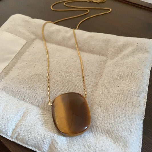 Vintage Oval Tiger Eye Stone Pendant Long Necklace-Ariette Jewelry