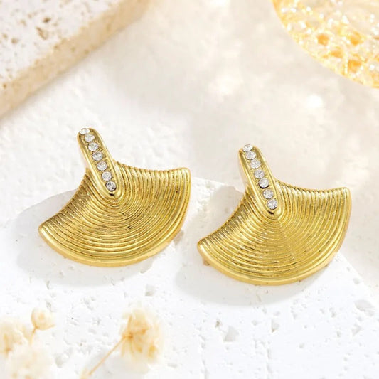 Vintage Gold Fan Crystal Stud Earrings-Ariette Jewelry