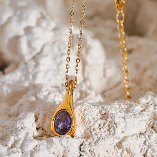 Vintage Gold Purple Teardrop Necklace-Ariette Jewelry